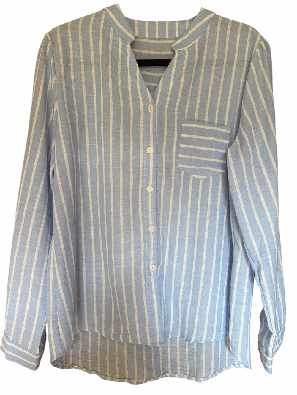 Casual Light Blue & White Striped Button Front Blouse